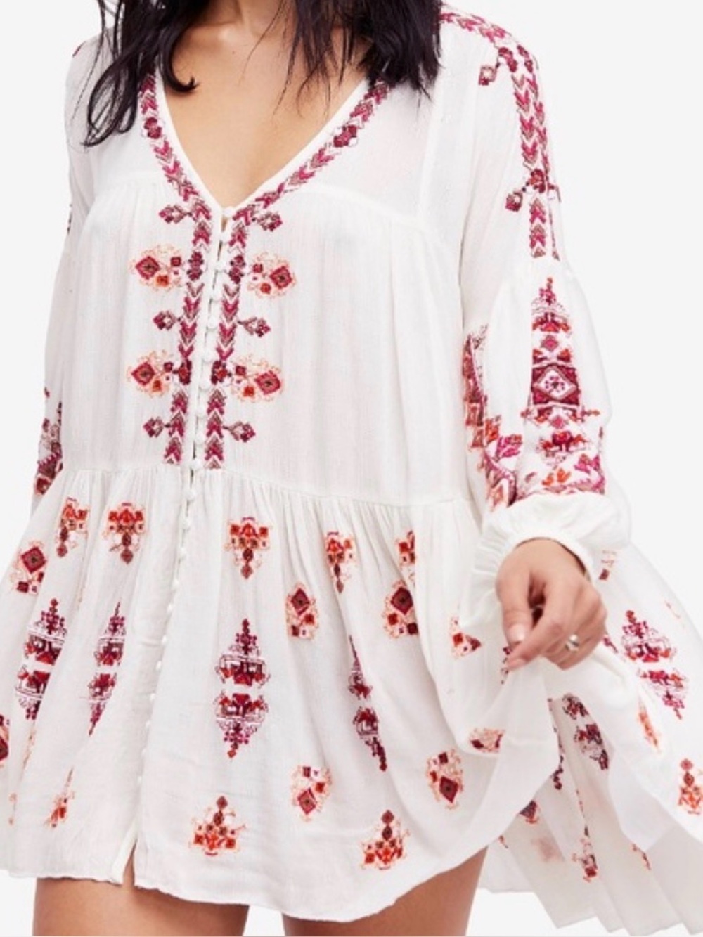FREE PEOPLE Arianna Embroidered Tunic Mini Dress Ivory/Red/Orange Women's XS